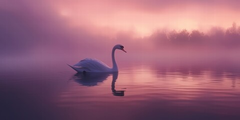 Wall Mural - Graceful swan gliding through misty waters at dawn