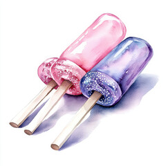 Colorful watercolor popsicles with vibrant pink and purple hues isolated design on white background