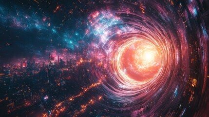 Wall Mural - A vibrant cosmic tunnel with swirling colors and bright light, suggesting a journey through space.