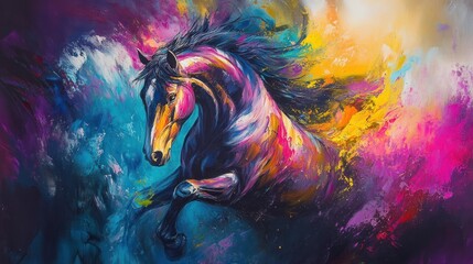 Naklejka na meble Illustration of a painting of a fancy horse in bright colors, Ai generated image