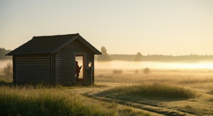 Wall Mural - Person in cabin at sunrise misty field