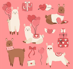 Wall Mural - Set of elements for Valentine's Day. Cartoon alpaca with balls, gifts, hearts, love letter, bow. Flat vector illustration.