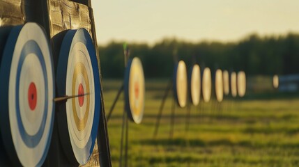 Poster - A dynamic archery competition in an open field, Bows and targets set for precision shooting, Competitive sports style