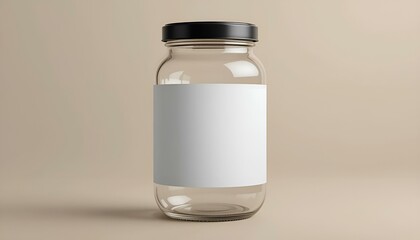 an empty glass jar with a lid and a white label and a place for text