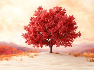 Wall Mural - Striking contrast, a solitary tree with crimson leaves in the arid desert landscape