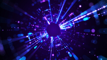Leinwandbilder - Abstract blue and purple neon light particle tunnel technology background concept on dark background. Digital backdrop effect.