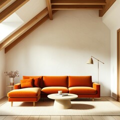 mid-century modern living room, orange velvet sofa, wooden ceiling beams, white brick wall, minimalist decor, cozy armchair, round coffee table, floor lamp, potted plant, natural light, warm tones, te