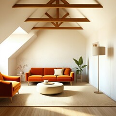 mid-century modern living room, orange velvet sofa, wooden ceiling beams, white brick wall, minimalist decor, cozy armchair, round coffee table, floor lamp, potted plant, natural light, warm tones, te