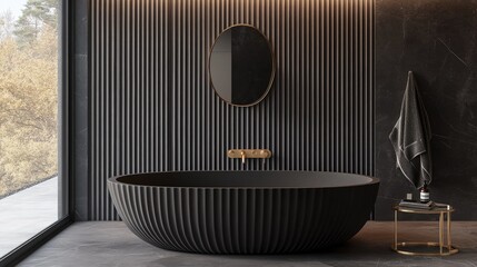 Poster - modern black bathroom with unique tub and stylish decor elements