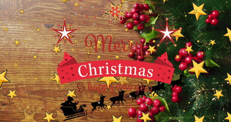 Wall Mural - Image of merry christmas and happy new year text and stars over decorations