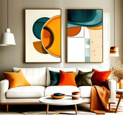 Abstract geometric art, mid-century modern style, teal and orange color palette, curved shapes, minimalist composition, living room decor, framed canvas prints, white sofa, orange ottoman, pendant lig