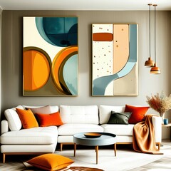 Abstract geometric art, mid-century modern style, teal and orange color palette, curved shapes, minimalist composition, living room decor, framed canvas prints, white sofa, orange ottoman, pendant lig