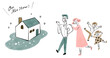 © Pan Ohdachi - 夢のマイホームを手に入れて幸せそうな4人家族の手描きイラスト