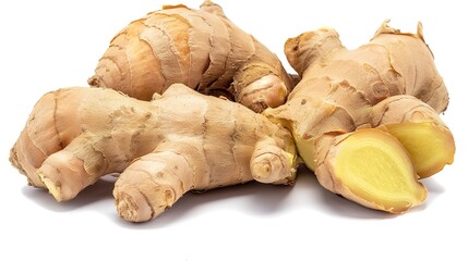 Fresh ginger lying gracefully on a clean white background, Its natural shape and texture vividly shown, Ideal for various culinary or decorative uses, A simple yet appealing display of ginger.