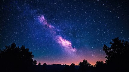 A clear night sky view above silhouetted trees with bright colors and countless stars. Ai generated image