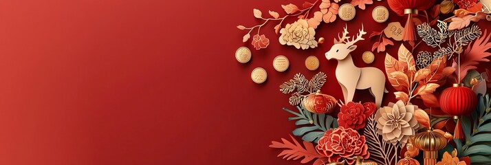 Poster - Chinese New Year wallpaper design with paper cut style zodiac animals golden coins and lanterns layered over a deep crimson background