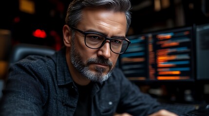focused mature man programmer working late at night.