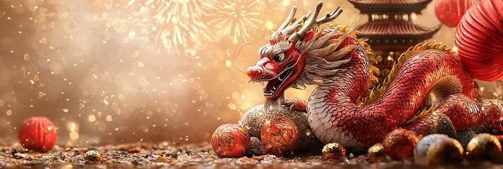 Poster - Vibrant and dynamic Chinese New Year wallpaper design featuring a red dragon wrapping around a traditional pagoda with glowing lanterns and bursting fireworks in the background