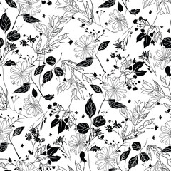 Wall Mural - ai17242929985_black and white flower seamless  pattern on white  background 