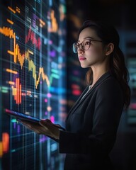Aufkleber - Businesswoman Analyzing Financial Data on a Large Interactive Screen at Night