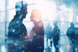 © M - A double exposure of an office team in silhouette of glowing light dot background