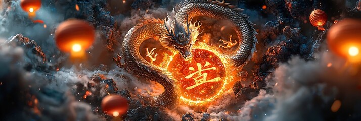 Poster - Captivating Chinese New Year Wallpaper Featuring Intricately Spiraling Golden Dragons Surrounding a Glowing Red    Symbol Accented by Festive Lanterns and Firecrackers for a Celebratory Atmosphere