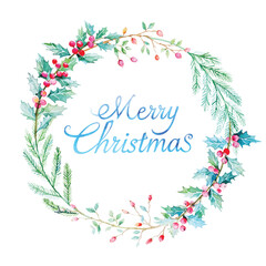  Watercolor Christmas wreath with the message 'Merry Christmas' on a white background