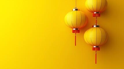 Poster - minimal and clean 3d of traditional chinese new year hanging paper lanterns in red color with empty 