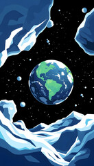 Wall Mural - Illustration of Frozen Earth in space. on a black background, pop art, with white tones