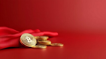 Poster - Vibrant 3D showcasing an opulent of wealth and prosperity with a striking display of gold coins and rich red fabrics