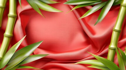 Poster - Elegant and Captivating 3D of Red Silk and Bamboo Arrangement with Open Space for Text or Graphic Overlay Perfect for Festive or Luxury Themed Designs