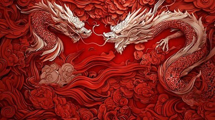 Poster - Minimalist and modern abstract Chinese inspired 3D digital with a seamless red background and an editable text area perfect for branding presentations or digital art projects