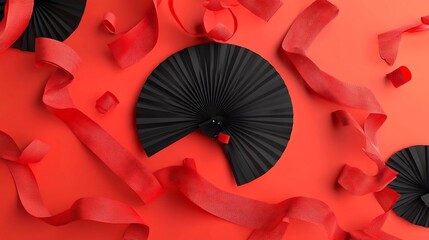 Poster - Elegant and sophisticated 3D featuring Chinese fans and red ribbons with a text placeholder design  This digital artwork showcases a traditional cultural and decorative pattern in an abstract