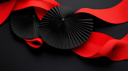 Poster - Sophisticated 3D featuring Chinese fans and red ribbons in a visually striking and elegant layout perfect for use as a graphic design background branding packaging or other premium visual content