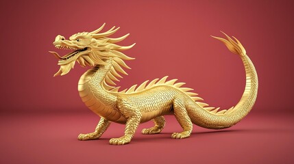 Poster - Captivating 3D digital depicting a majestic golden dragon against a vivid textured red background creating a bold and visually striking scene  The dragon s ornate