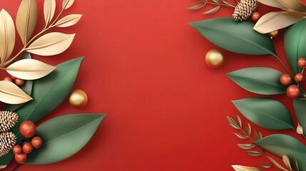 Poster - Elegant gold frame with ornamental design set against a festive red background providing a template for holiday greetings invitations or other marketing materials with ample text area