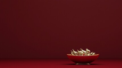 Poster - Elegant 3D featuring auspicious symbols in a harmonious balance of soft gold and red tones with reserved space for adding text or overlays  This visually appealing modern