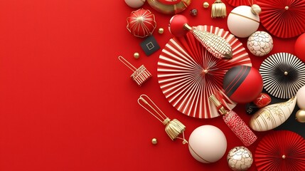 Poster - auspicious symbols in soft gold and red hues balanced in a minimalist 3d composition with reserved s