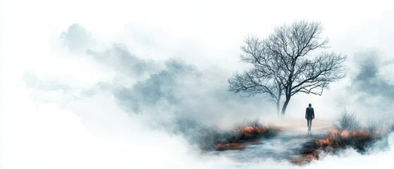 Wall Mural - A man is walking in the woods on a foggy day