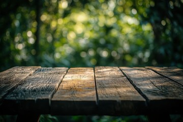 Wall Mural - Rustic wooden table in a lush green forest.