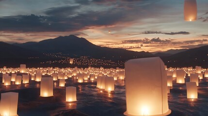Poster - Floating paper lanterns emitting a warm glowing light create a captivating and festive atmosphere in this 3D digital The scene evokes a sense of tranquility