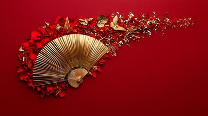 Aufkleber - Festive fan shaped layered arrangement composed of gleaming red and gold tones creating an elegant and celebratory digital with ample text space
