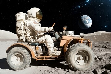 Wall Mural - a man in a spacesuit is driving a small vehicle on the surface of the moon