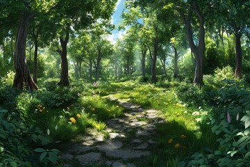 Wall Mural - Sunlit path through lush green forest with wildflowers.