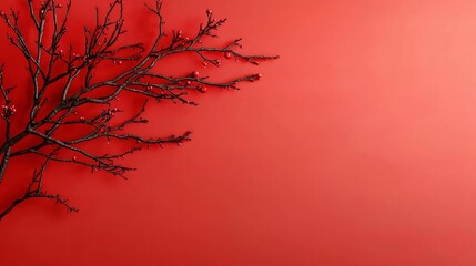 Poster - Delicate plum blossom branches in rich festive red with reserved space for text overlay  3D digital with a minimalist elegant and serene vibe perfect for Lunar New Year or other spring holiday design