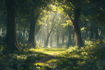 Wall Mural - Sunbeams illuminate a path through a lush, green forest. (8)