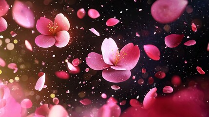 Poster - Beautifully scattered cherry blossom petals in rich vibrant festive tones with a clear text zone perfect for a 3D or background