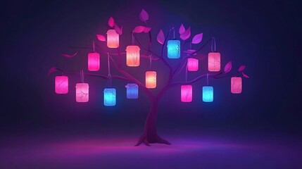 Poster - Enchanting 3D of a tree adorned with colorful lanterns radiating a vibrant festive glow and a text placeholder zone for added versatility