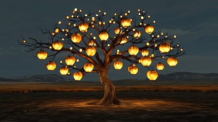 Poster - Glowing lantern adorned tree casts a vibrant festive glow in this captivating 3D digital a magical cozy atmosphere perfect for winter holiday and themes