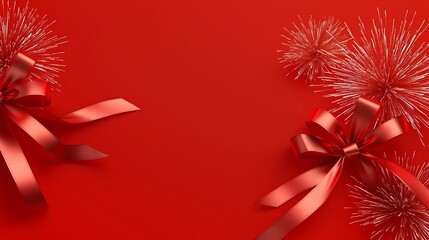 Poster - Festive Seamless Pattern with Vibrant Red Ribbon and Colorful Fireworks Explosion   Blank Text Field for Holiday 3D